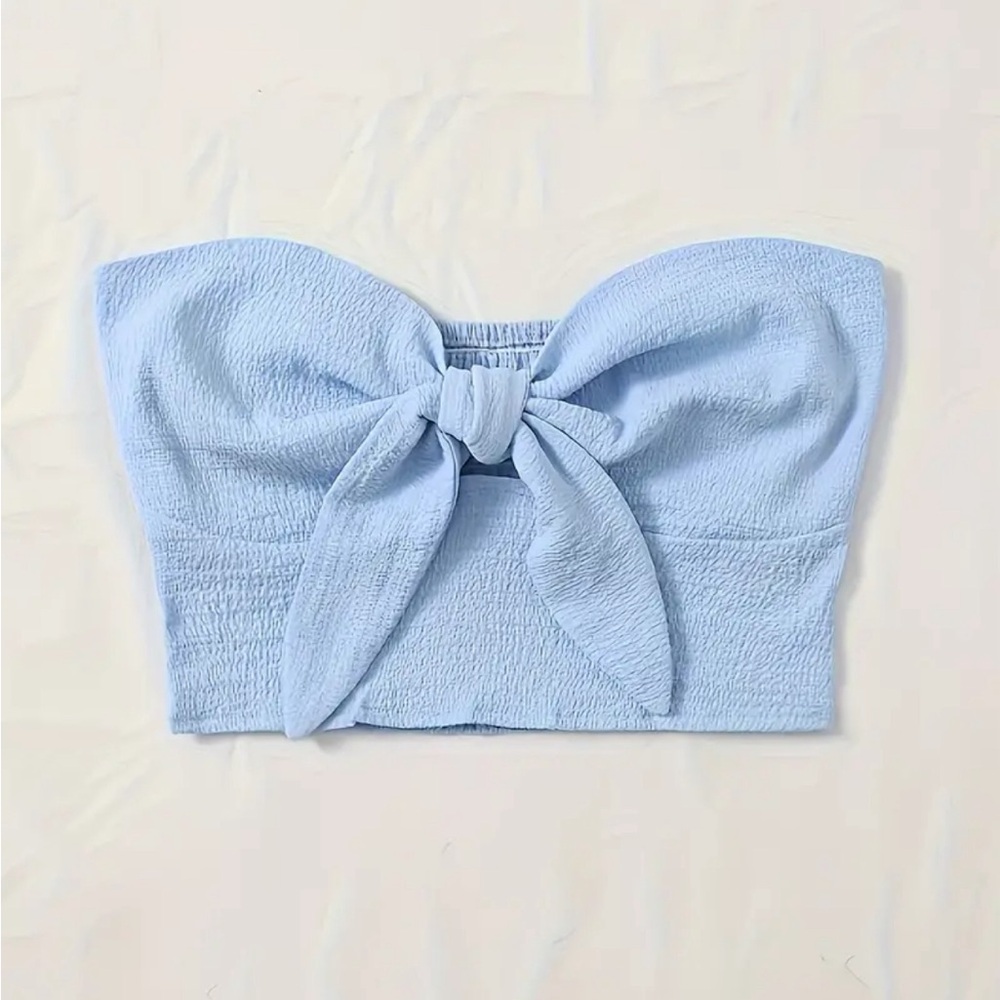 Blue ruffle bow tube top